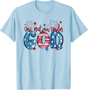 One Nation Under God, American, Happy Christian Woman T-Shirt - T-Shirt | Light Blue