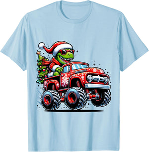Christmas T Rex Monster Truck Boys Dinosaur Santa Xmas Funny T-Shirt - T-Shirt | Light Blue