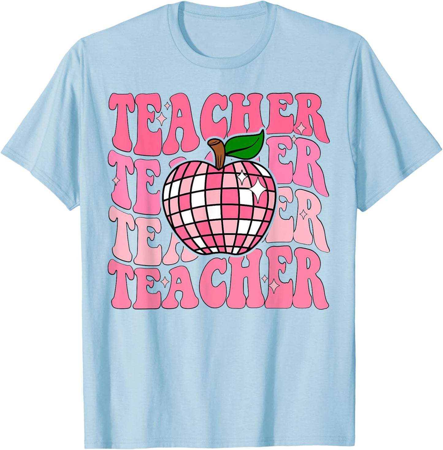 Retro Pink Disco Ball Apple Teacher Colorful Back To School Men Women Girls Kids T-Shirt - T-Shirt | Light Blue