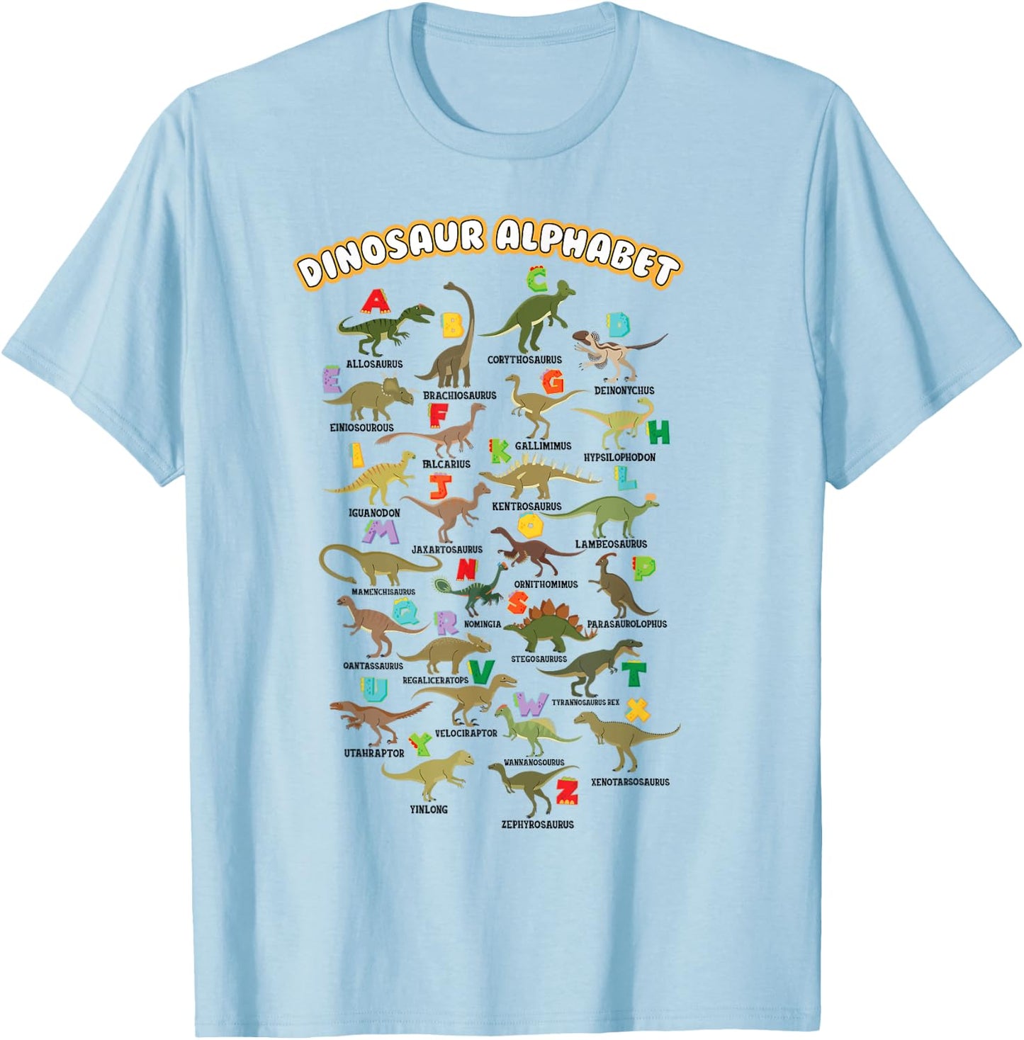 Cute Educational Types Dinosaurs Alphabet A-Z ABC Dino kids T-Shirt - T-Shirt | Light Blue