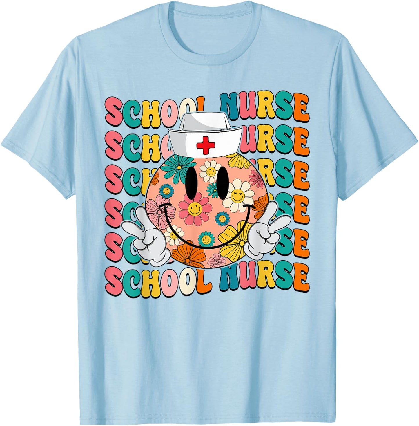 Retro Groovy School Nurse Smile Face Back To School Women T-Shirt - T-Shirt | Light Blue
