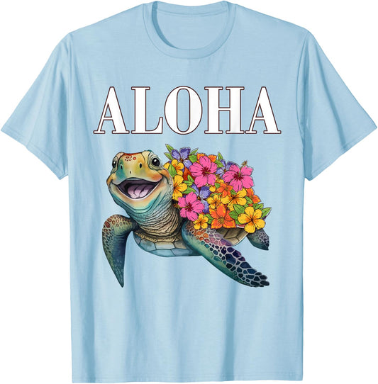 Aloha Hawaii Hawaiian-Shirt Turtle Hibiscus Kids Girl Women T-Shirt - T-Shirt | Light Blue