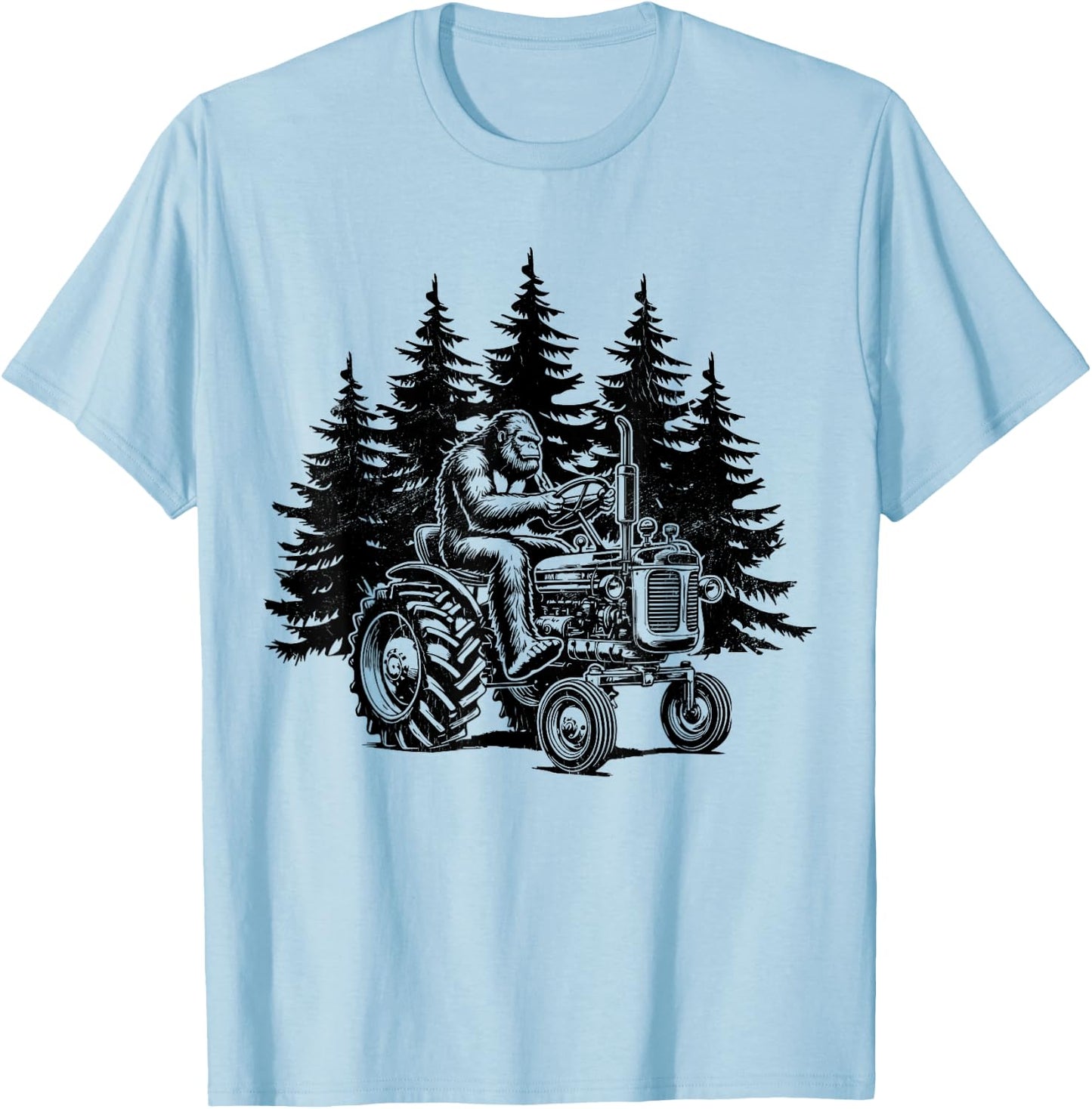 Retro Farmer Bigfoot Riding Tractor Funny Bigfoot Farming T-Shirt - T-Shirt | Light Blue