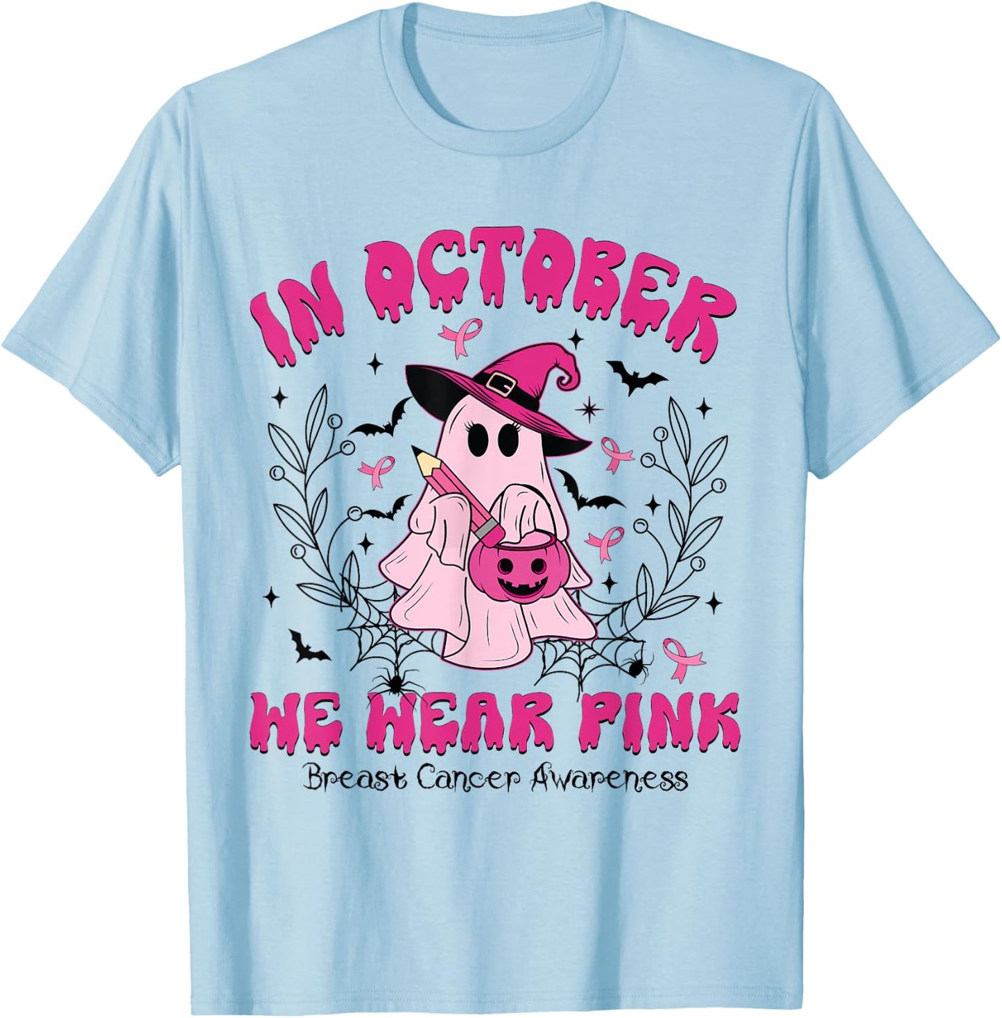 Teacher Boo Ghost In October We Wear Pink Breast Cancer T-Shirt - T-Shirt | Light Blue