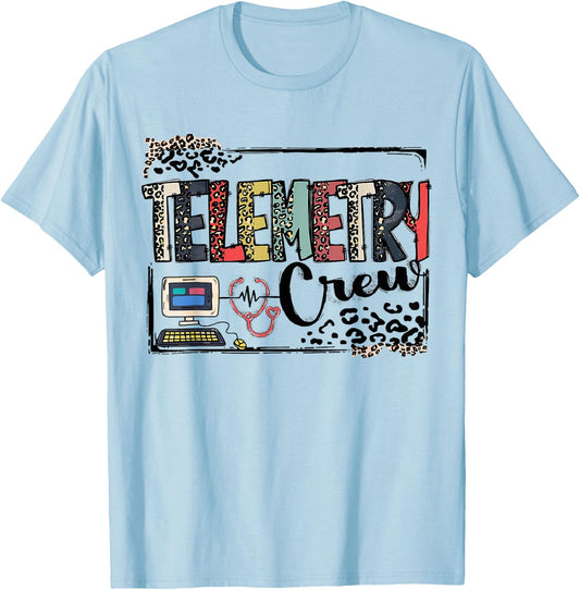 Leopard Lettering Telemetry Crew Cardiac Telemetry Tech T-Shirt - T-Shirt | Light Blue