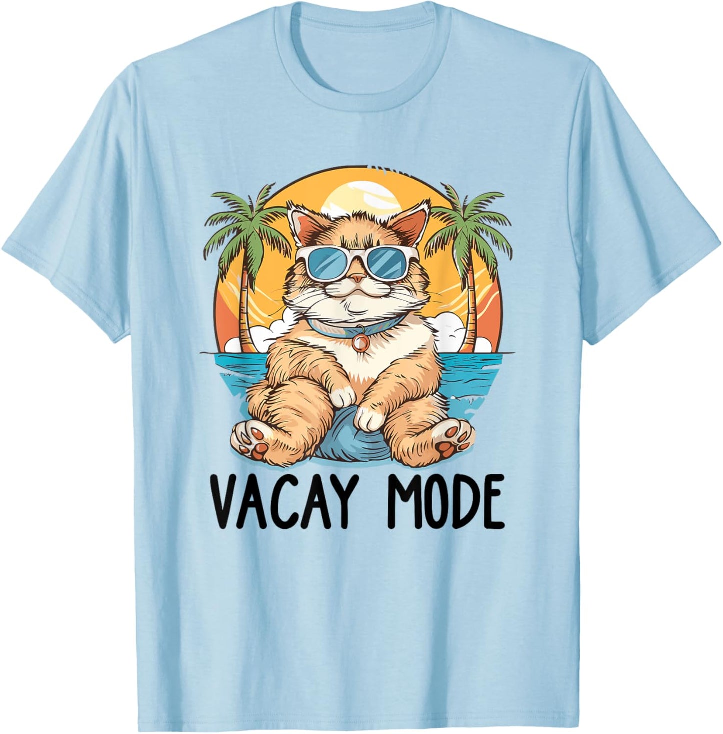 Cute Funny Cat Lover Vacay Mode On Summer Meowy Cat T-Shirt - T-Shirt | Light Blue