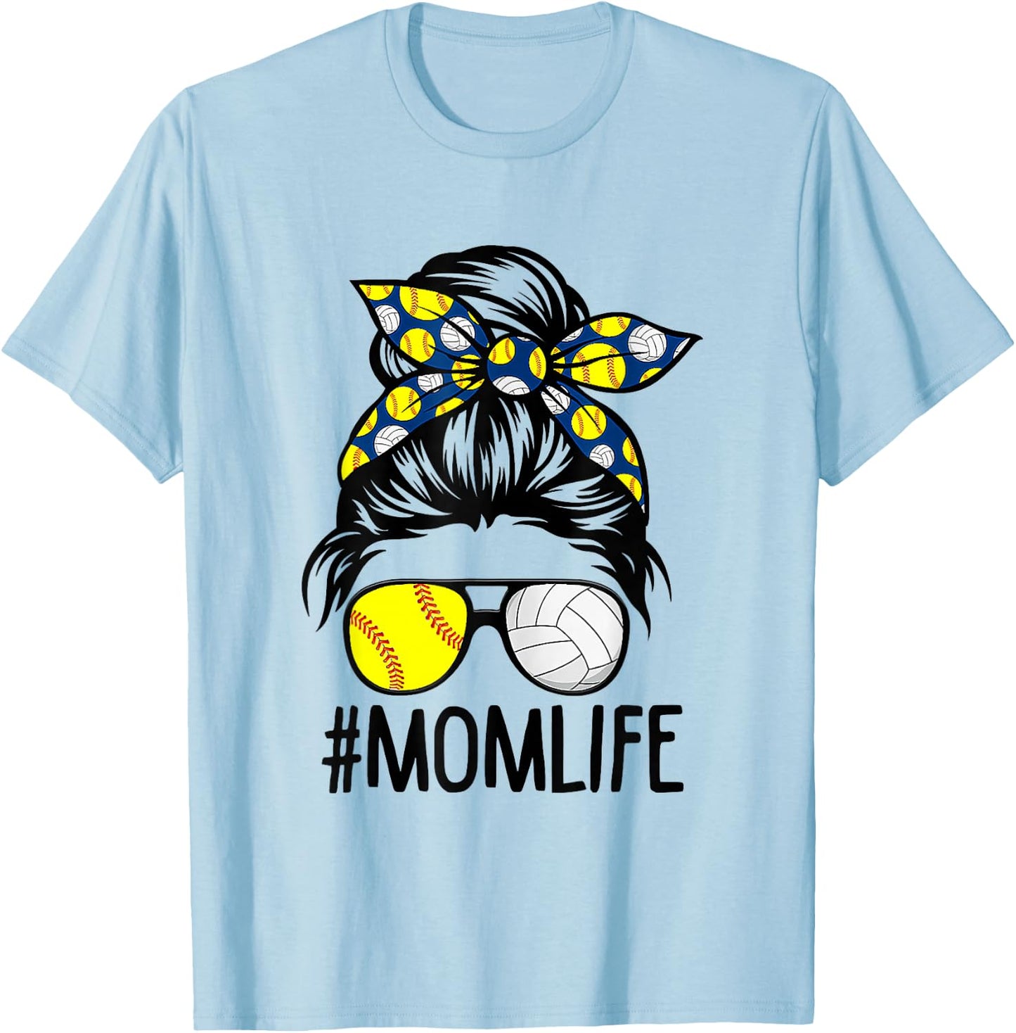 Dy Mom Life Softball Volleyball Mothers Day Messy Bun T-Shirt - T-Shirt | Light Blue