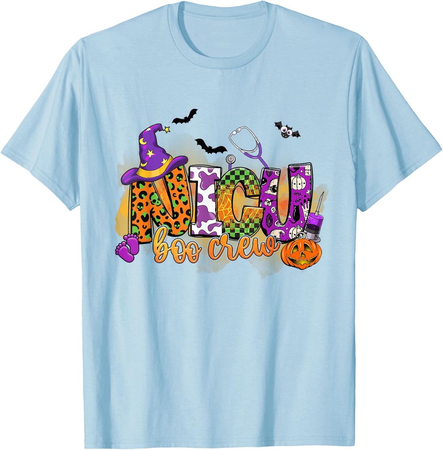 NICU Boo Crew Pumpkin Witch Hat Funny Halloween T-Shirt - T-Shirt | Light Blue