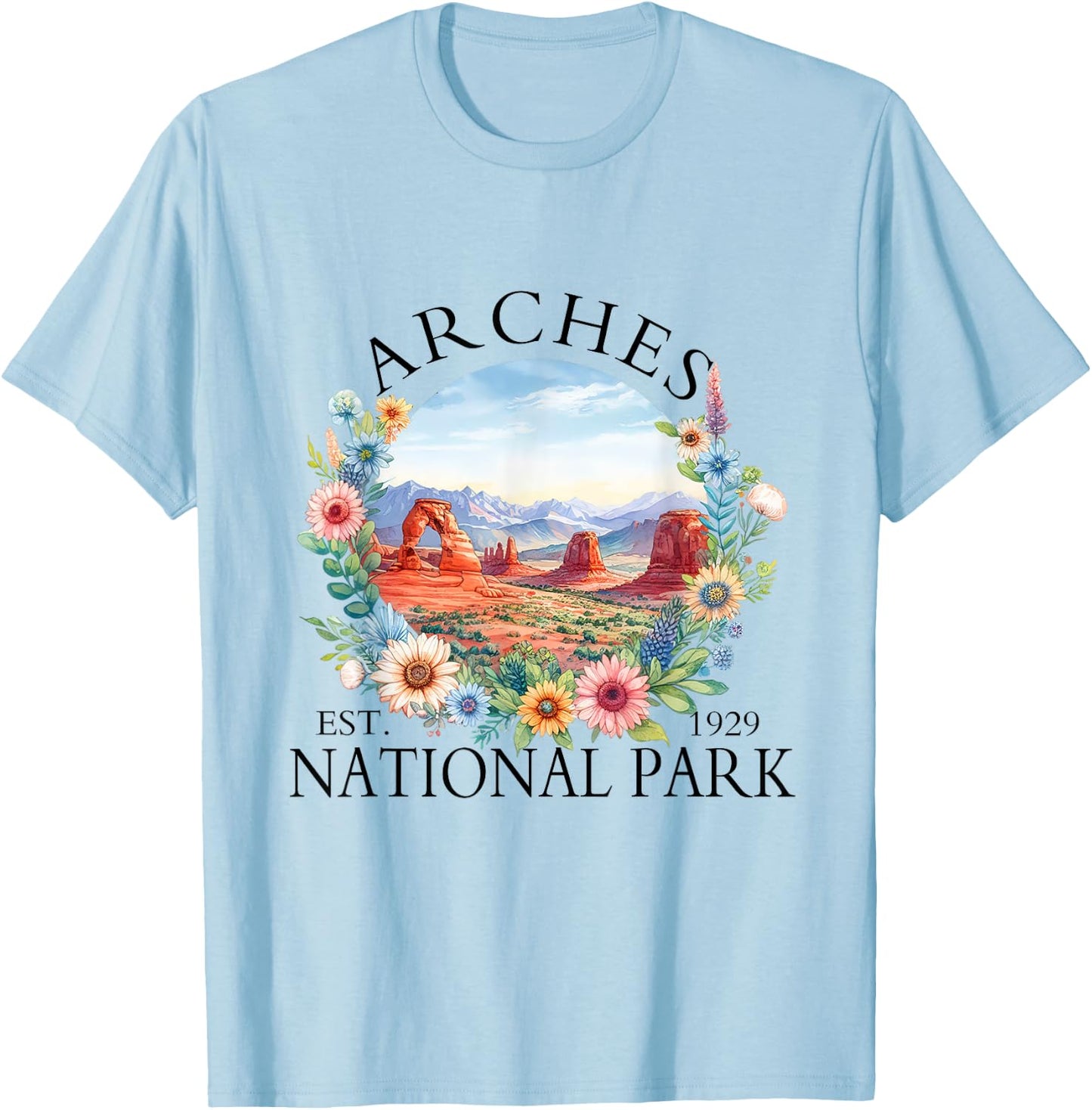 Retro Floral Arches National Park Hiking Camping Outdoor T-Shirt - T-Shirt | Light Blue