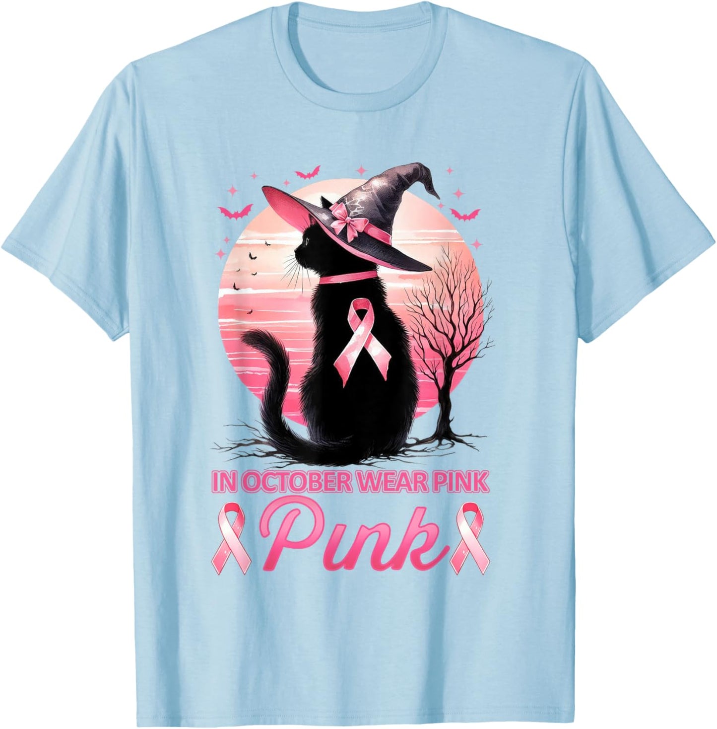 Cat In October We Wear Pink Ribbon Breast Cancer Awareness T-Shirt - T-Shirt | Light Blue