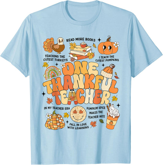 One Thankful Teacher Thanksgiving Retro Autumn Fall Teachers T-Shirt - T-Shirt | Light Blue