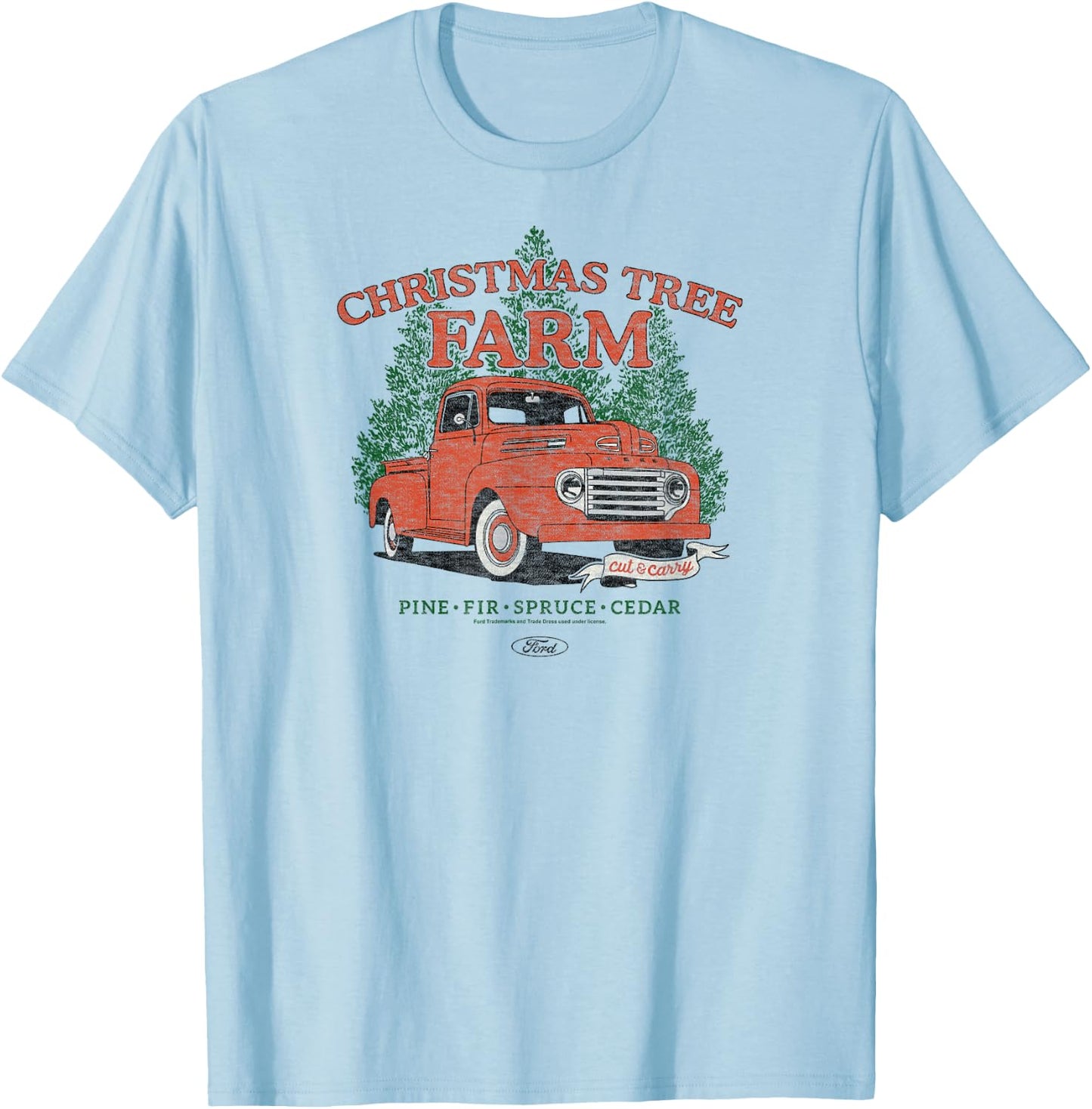 Ford - Vintage F3 1949 Red Truck Christmas Tree Farm T-Shirt - T-Shirt | Light Blue