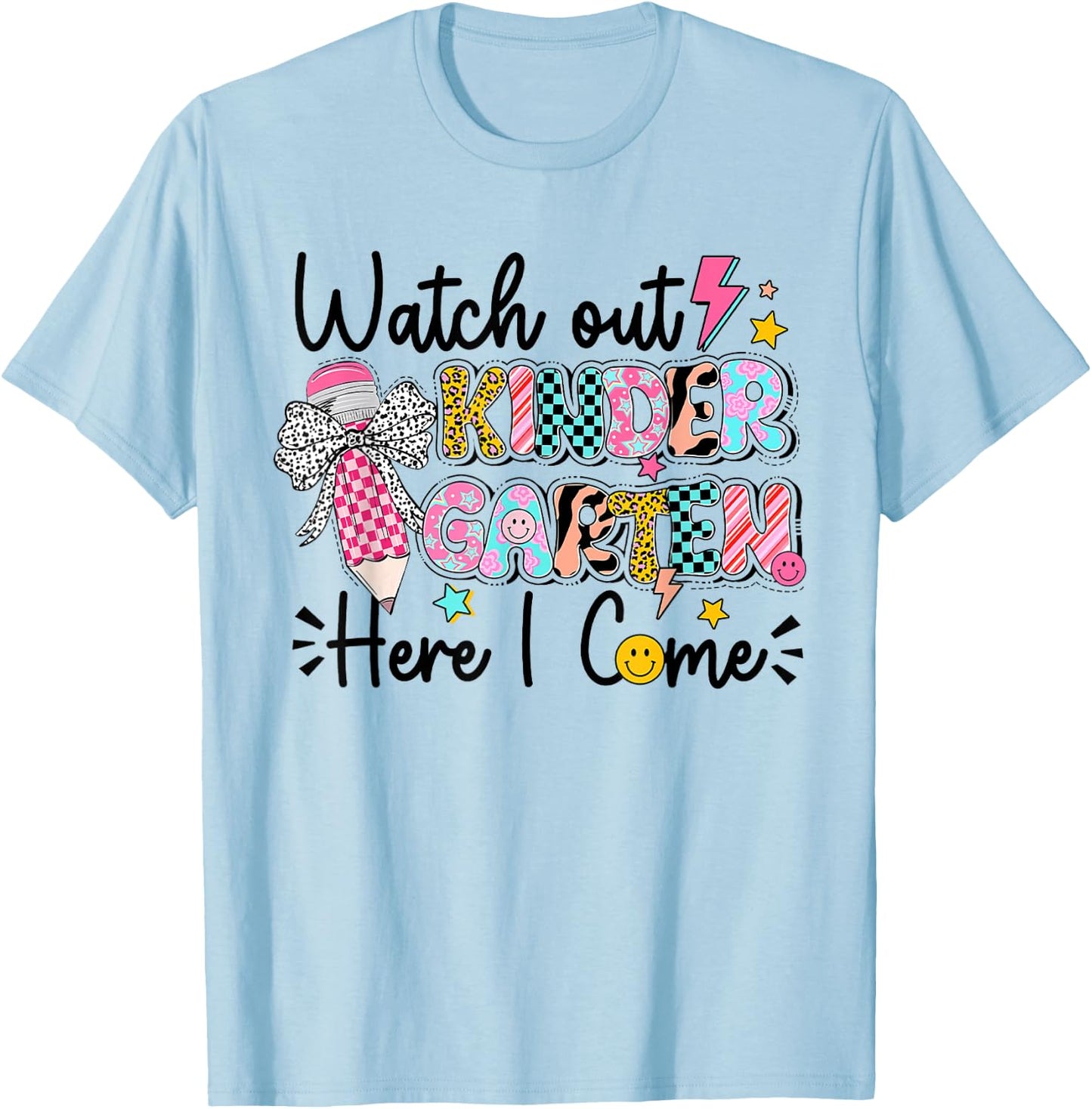 Kids Watch Out Kindergarten Here I Come First Day Of School T-Shirt - T-Shirt | Light Blue