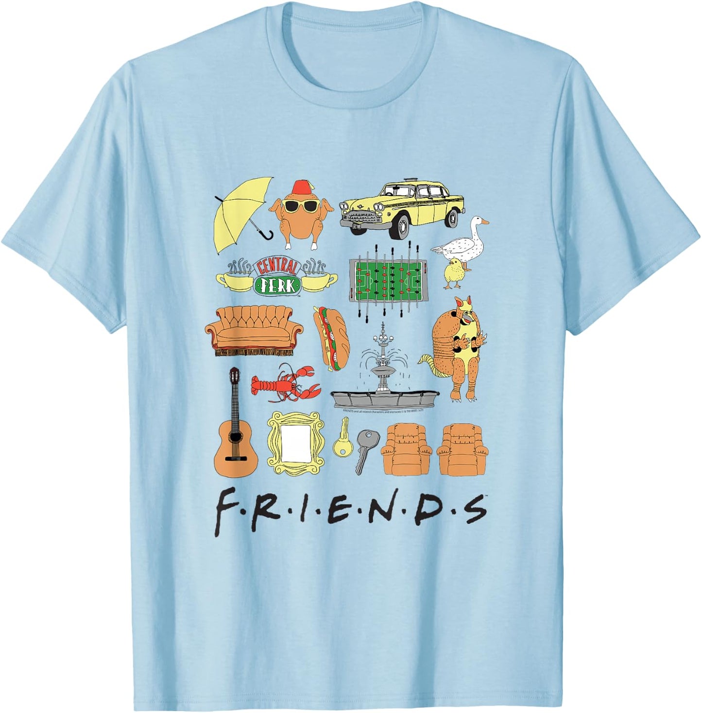 Friends Hand Drawn Icon Collage TV Show T-Shirt - T-Shirt | Light Blue
