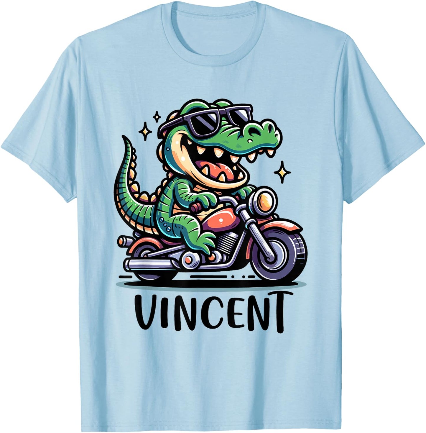 Vincent Alligator Motorcycle Design for Boys Name Vincent T-Shirt - T-Shirt | Light Blue