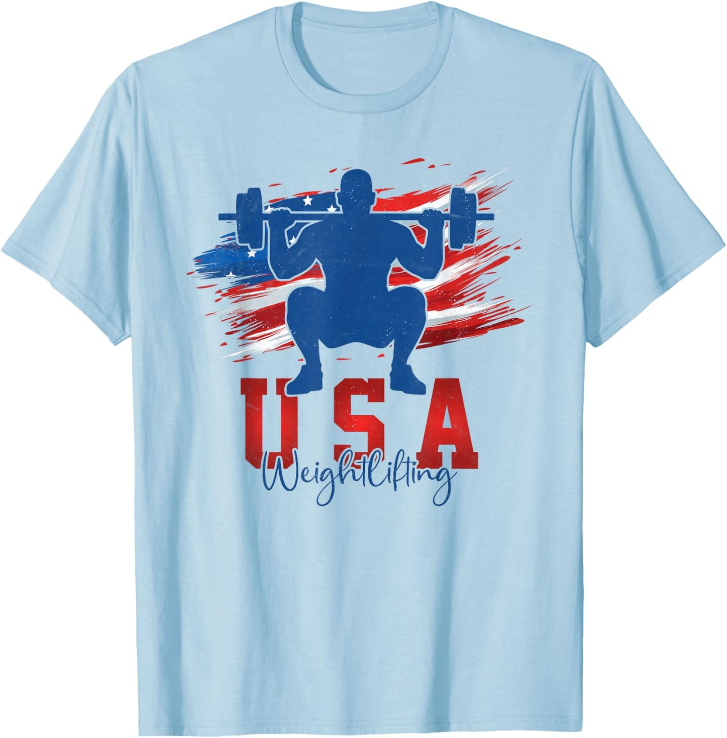 American Flag Weightlifting 4th of July USA Support Team T-Shirt - T-Shirt | Light Blue