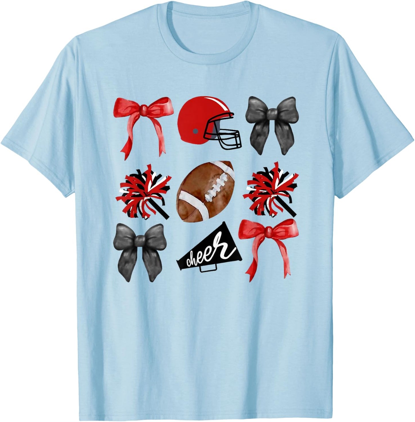 Cheer Coquette Bow American Football Autumn Thanksgiving T-Shirt - T-Shirt | Light Blue