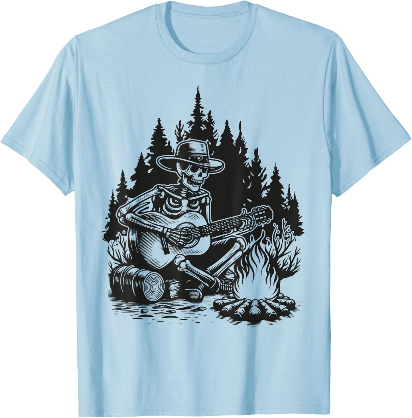 Camp Skeleton Country Music Campfire Skeleton Playing Guitar T-Shirt - T-Shirt | Light Blue