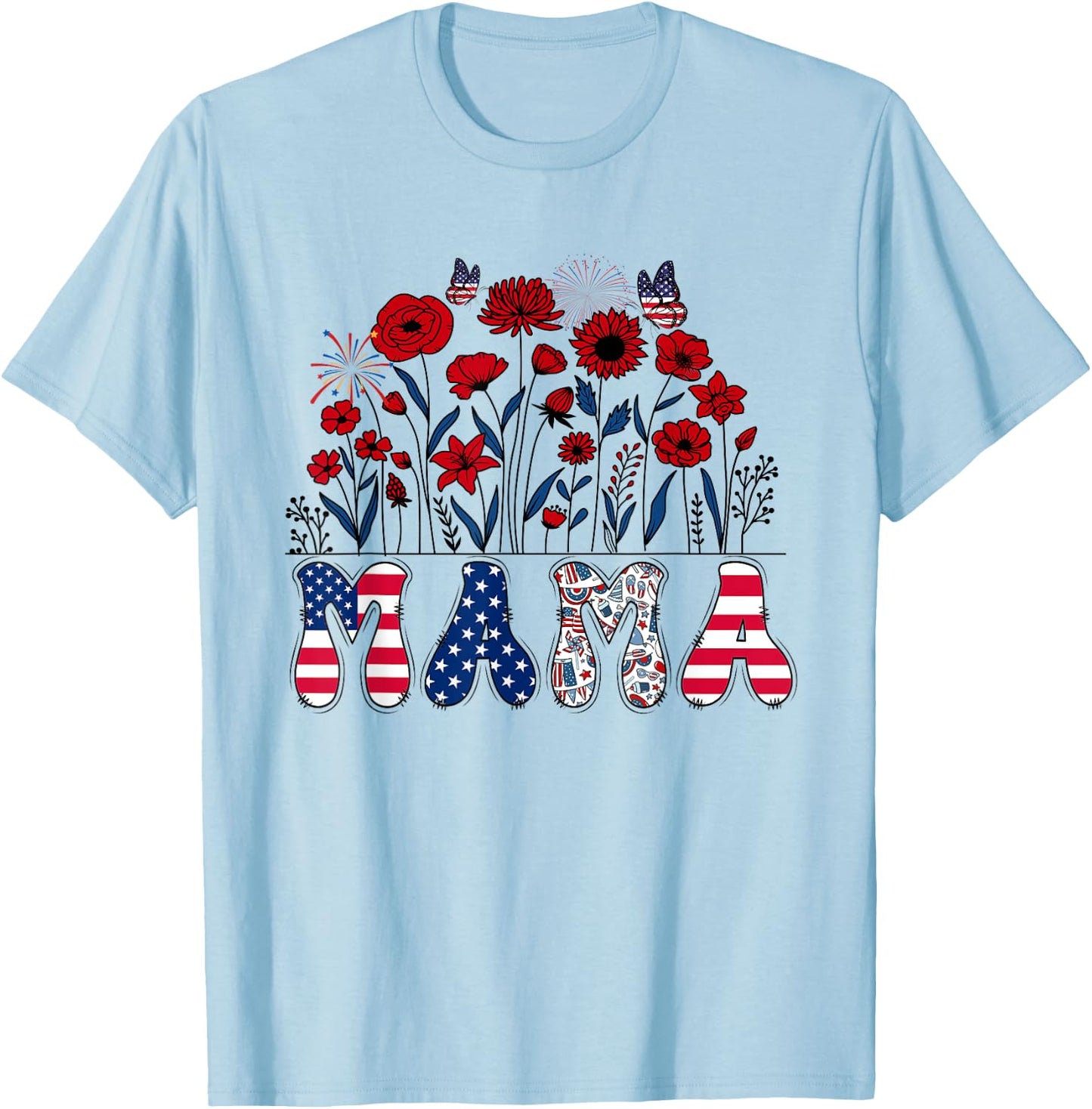 Groovy Mama 4th of July Patriotic Floral Women Mother's Day T-Shirt - T-Shirt | Light Blue