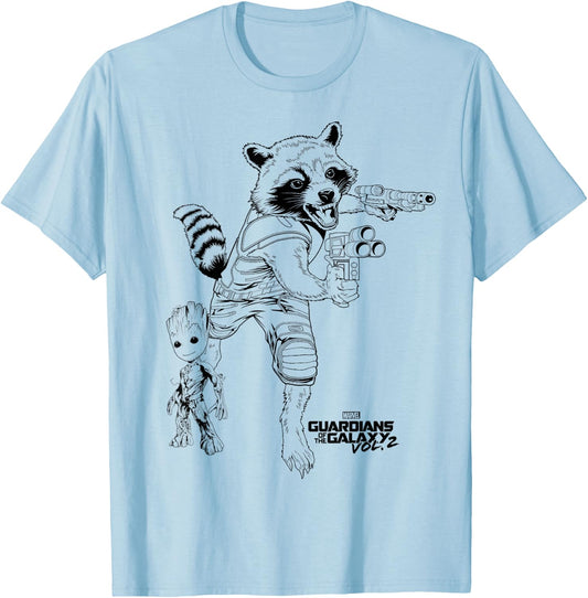 Marvel Guardians of The Galaxy Vol 2 Rocket & Groot Sketch T-Shirt - T-Shirt | Light Blue