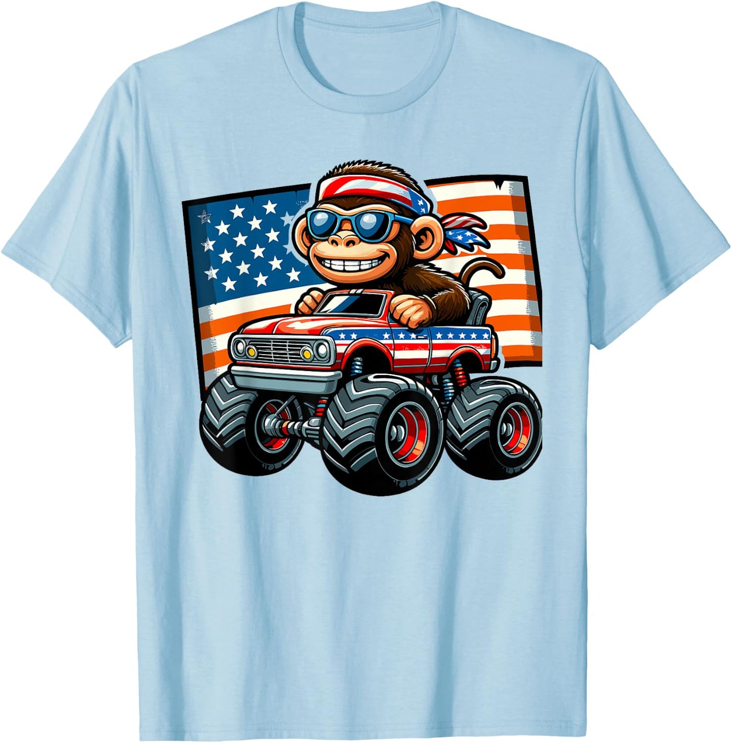 Patriotic Monkey 4th July Monster Truck American Women Kids Men T-Shirt - T-Shirt | Light Blue