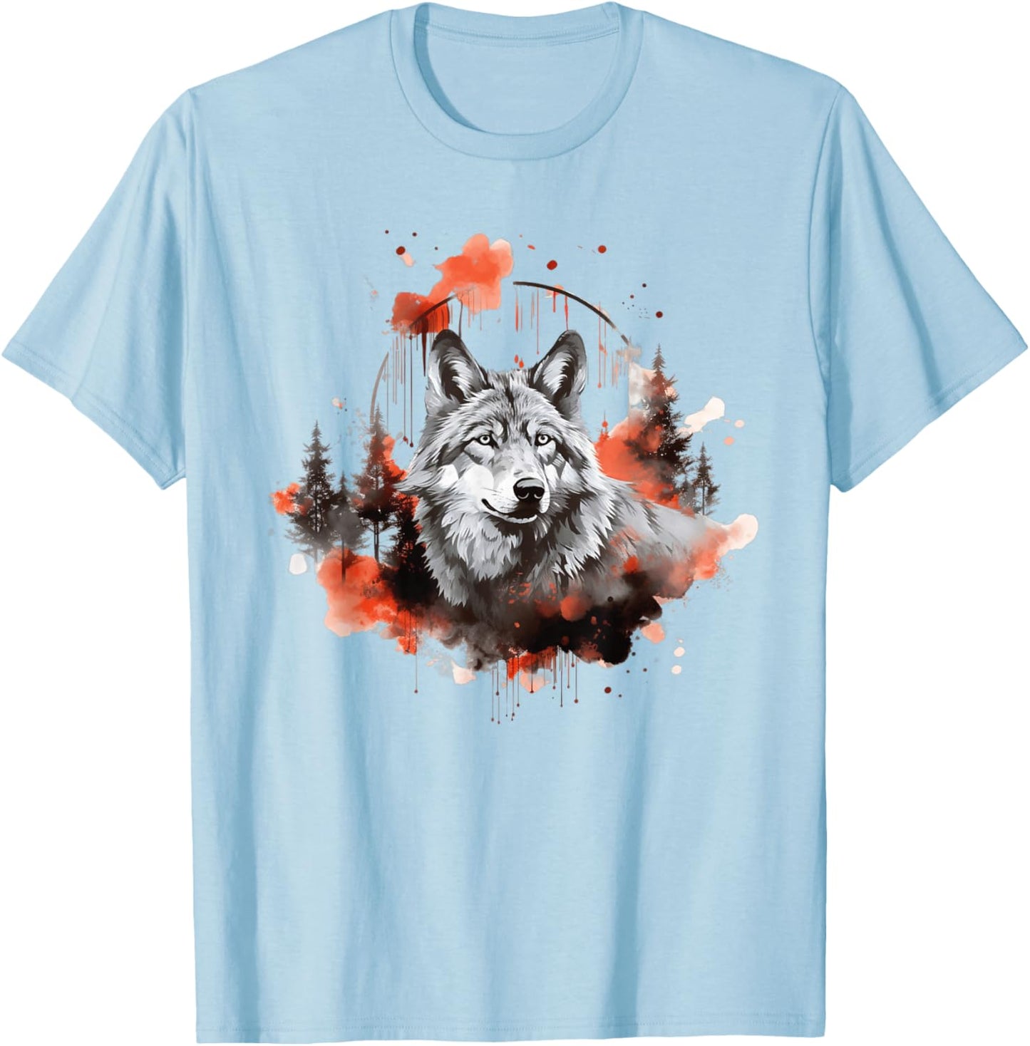 Wolf Splash Art Animal Face Forest Landscape Wolf T-Shirt - T-Shirt | Light Blue