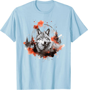 Wolf Splash Art Animal Face Forest Landscape Wolf T-Shirt - T-Shirt | Light Blue