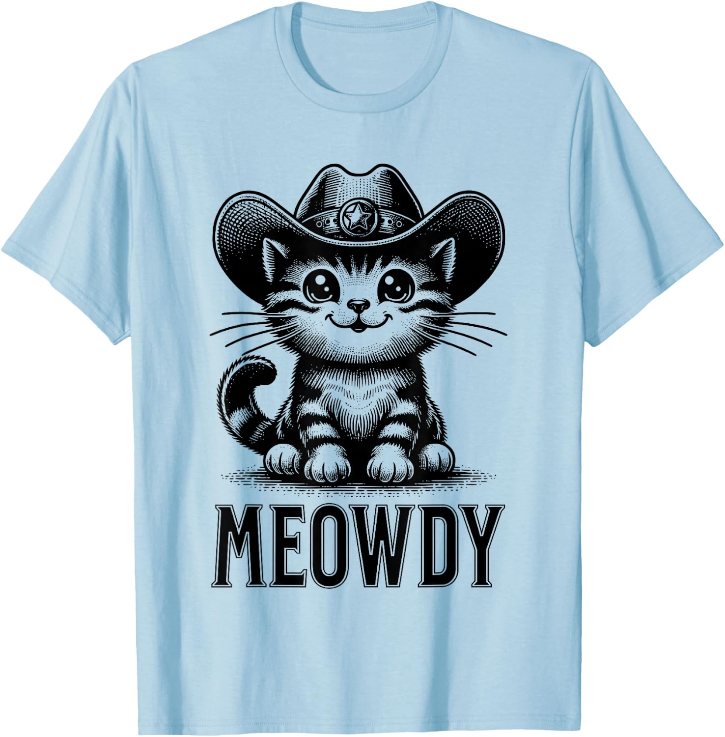 Meowdy Funny Women Men Kids Country Cowboy Cat Lover Graphic T-Shirt - T-Shirt | Light Blue
