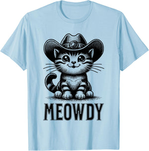 Meowdy Funny Women Men Kids Country Cowboy Cat Lover Graphic T-Shirt - T-Shirt | Light Blue