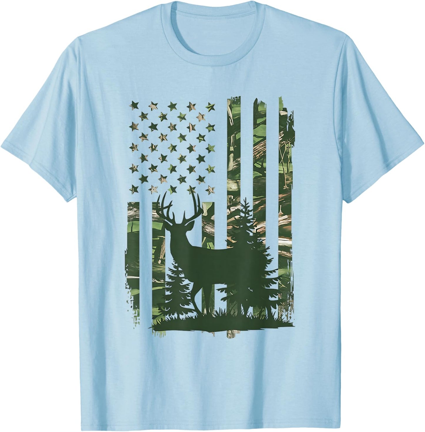 Camo Deer Hunting American Flag Whitetail Hunter USA Graphic T-Shirt - T-Shirt | Light Blue