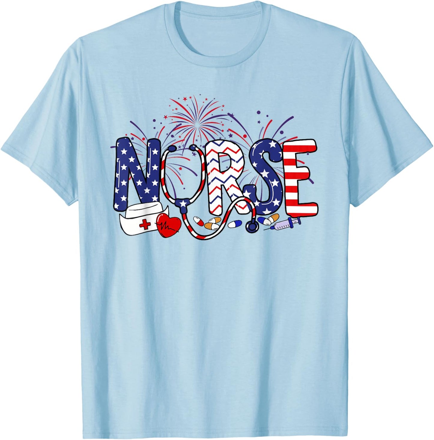 American Nurse 4th of July Nurse Stethoscope Nursing T-Shirt - T-Shirt | Light Blue