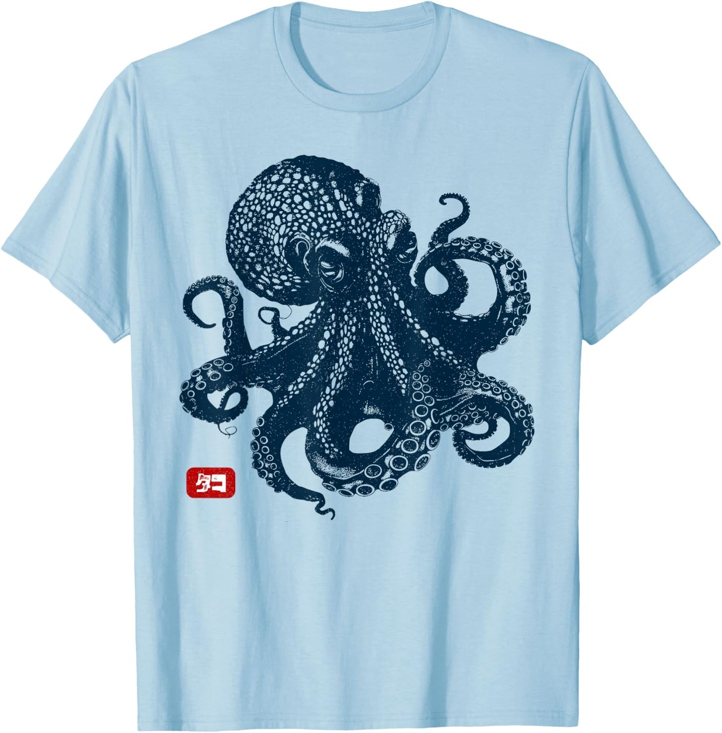 Japanese Aesthetic Kanji Anime Japan Art Apparel Kraken Octopus - -Adults - Grey - Small - Short Sleeve - Classic Fit - Vintage Aesthetic, Animal Print, Lightweight T-Shirt - T-Shirt | Light Blue