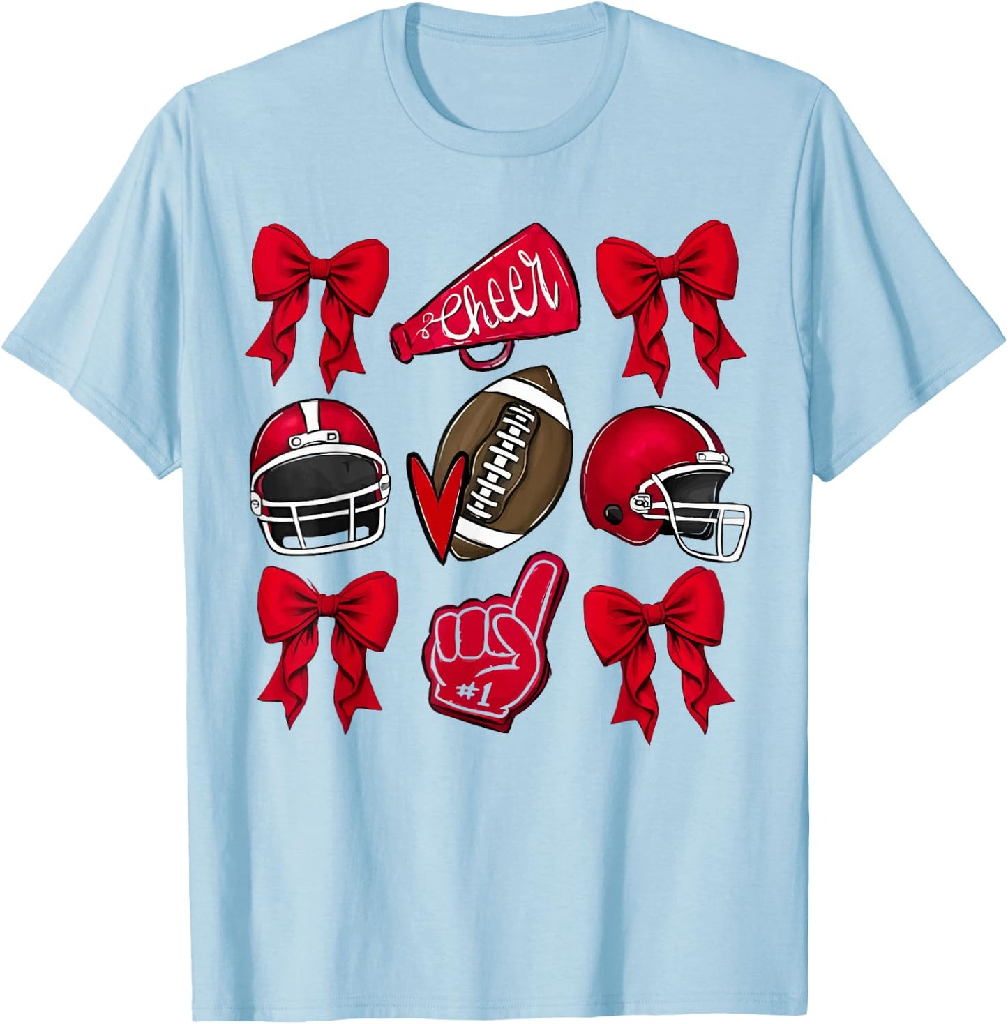 Coquette Game Day Football Mom Red Cheer T-Shirt - T-Shirt | Light Blue