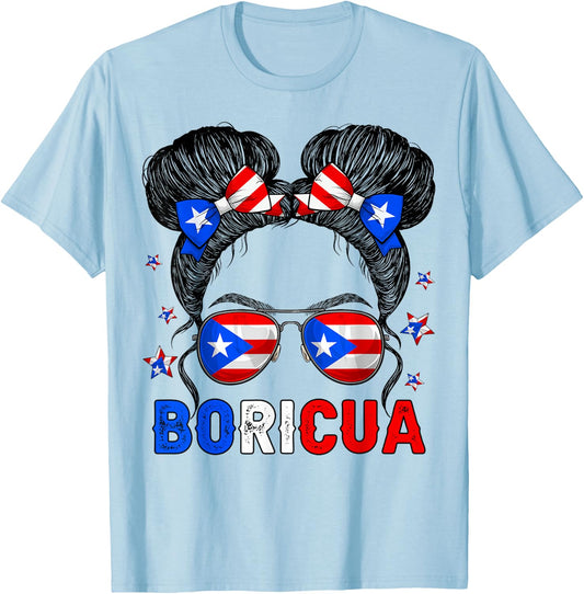 Messy Bun Girl Boricua Puerto Rico Hispanic Heritage Month T-Shirt - T-Shirt | Light Blue