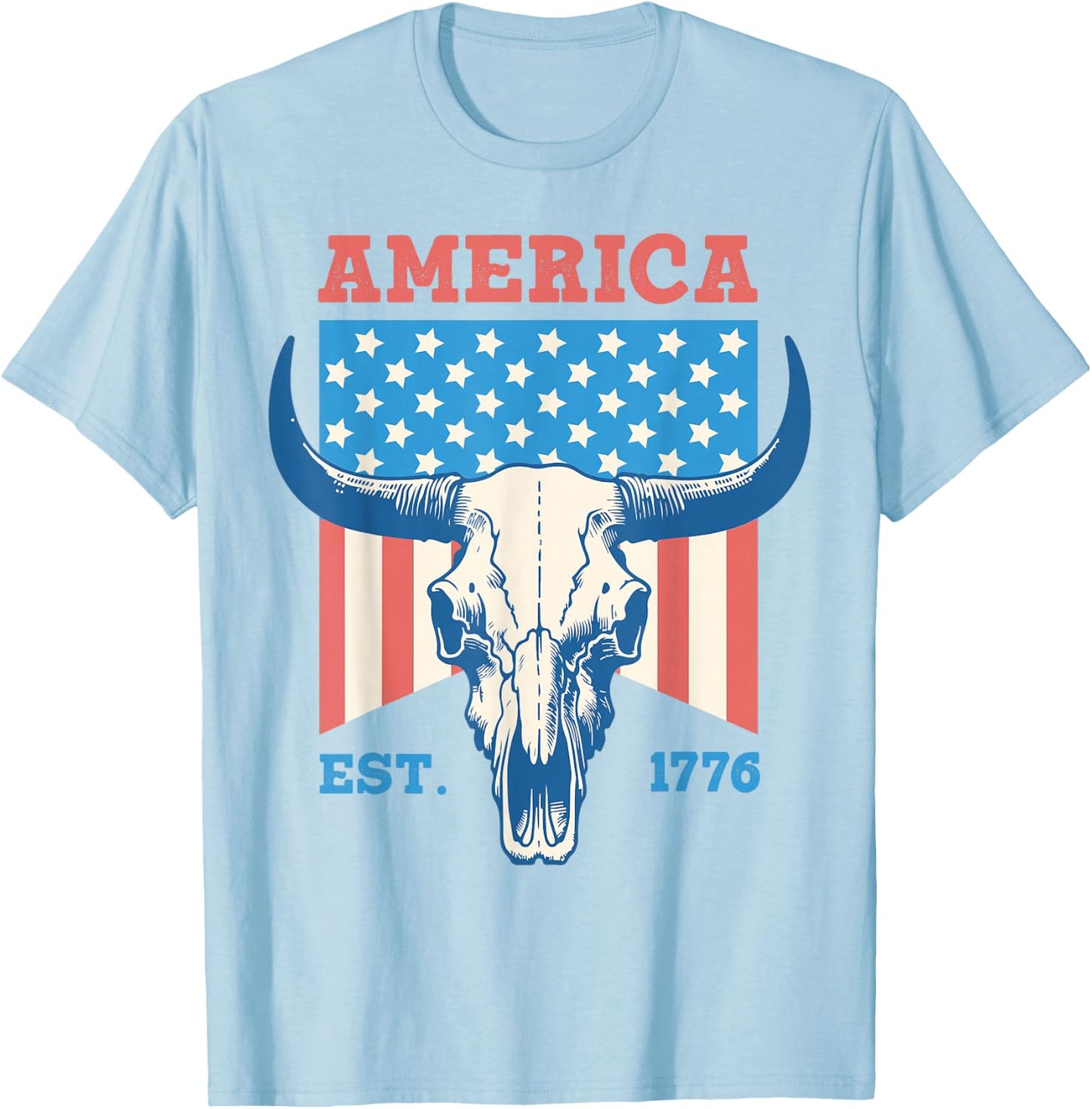 America Est 1776 Vintage Bull Skull US Flag 4th of July Women Kids Men T-Shirt - T-Shirt | Light Blue
