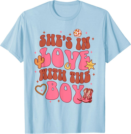 Bridesmaid Cowgirls Bachelorette She's In Loves With A Boy T-Shirt - T-Shirt | Light Blue
