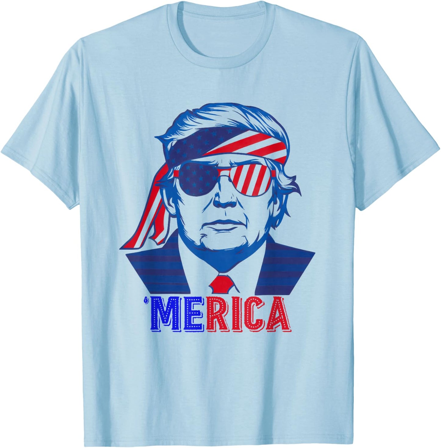 MERICA TRUMP Happy 4th Of July Trump American Flag T-Shirt - T-Shirt | Light Blue