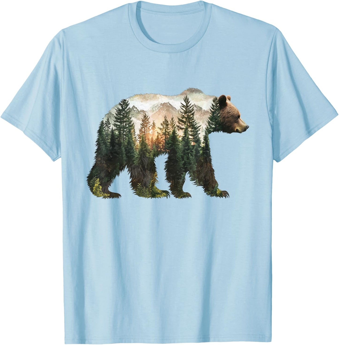 Bear Forest Mountains Trees Nature Sunset Outdoor Graphic T-Shirt - T-Shirt | Light Blue