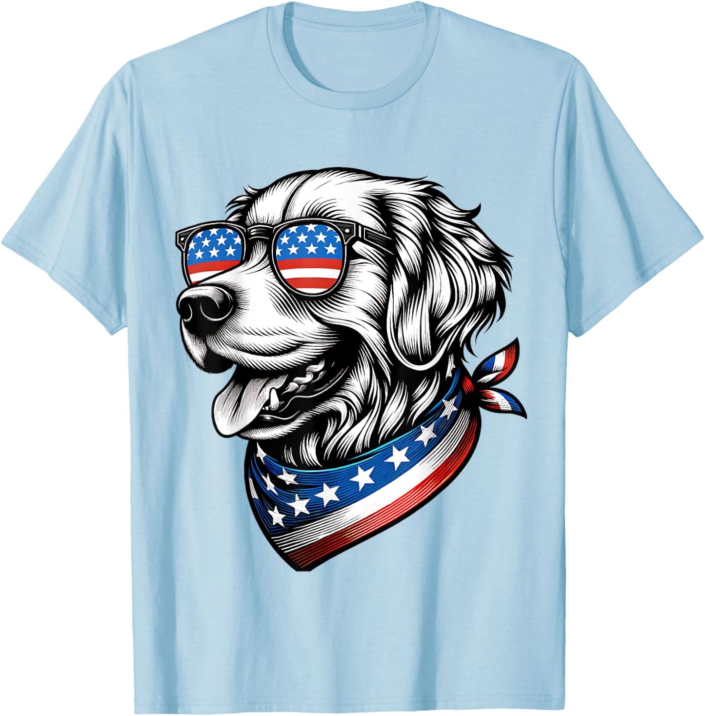 Golden Retriever Dog Patriotic 4th of July American USA Flag T-Shirt - T-Shirt | Light Blue