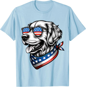 Golden Retriever Dog Patriotic 4th of July American USA Flag T-Shirt - T-Shirt | Light Blue