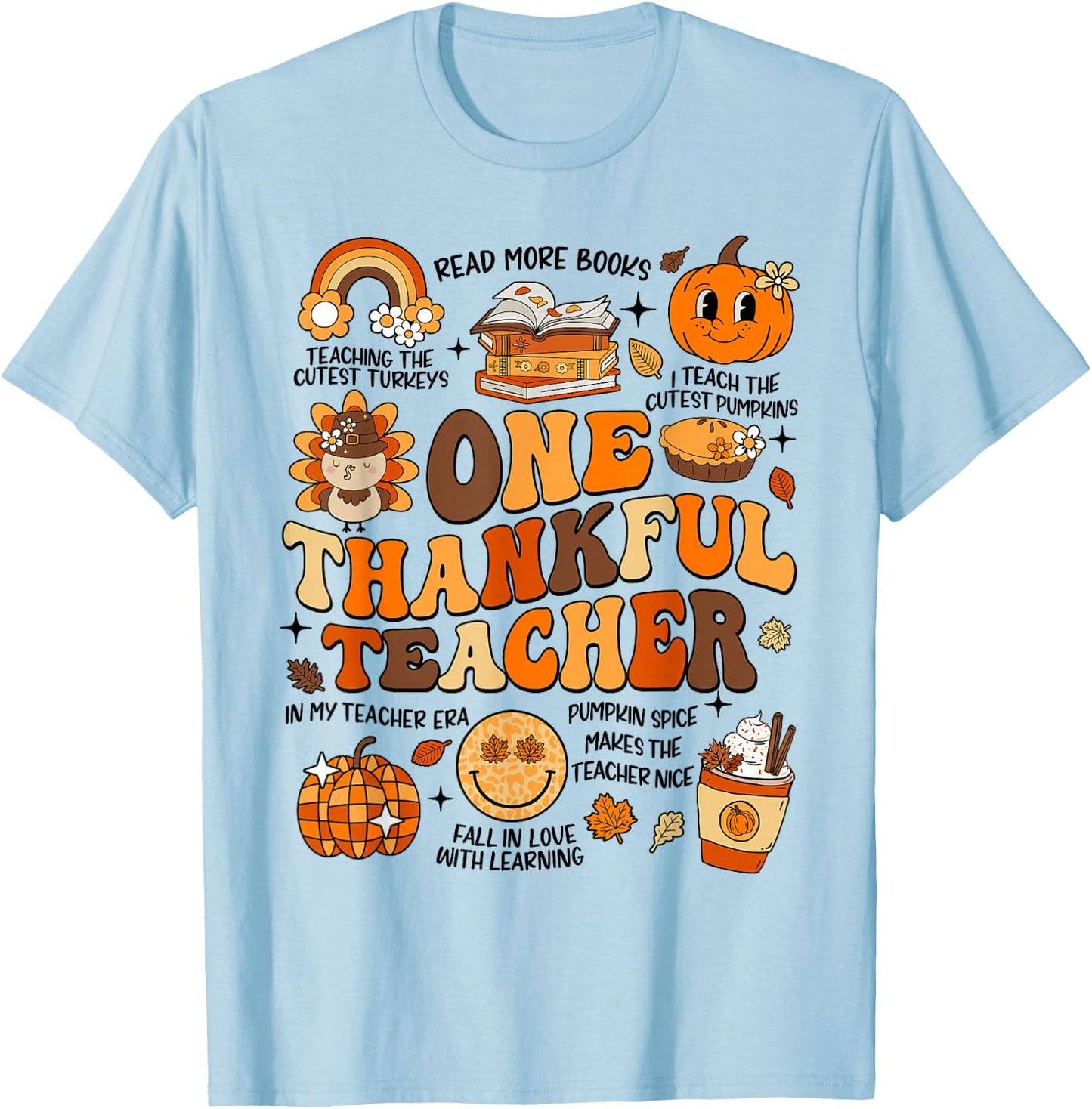 One Thankful Teacher Thanksgiving Retro Groovy Fall Teachers T-Shirt - T-Shirt | Light Blue