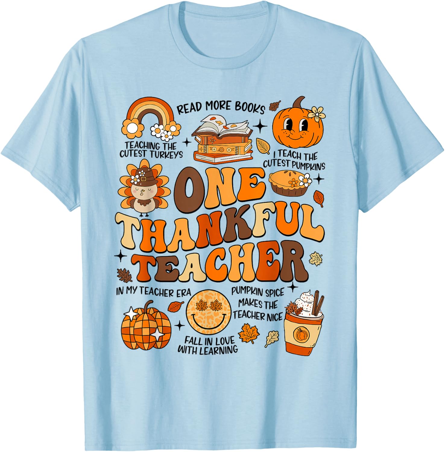 One Thankful Teacher Thanksgiving Retro Groovy Fall Teachers T-Shirt - T-Shirt | Light Blue