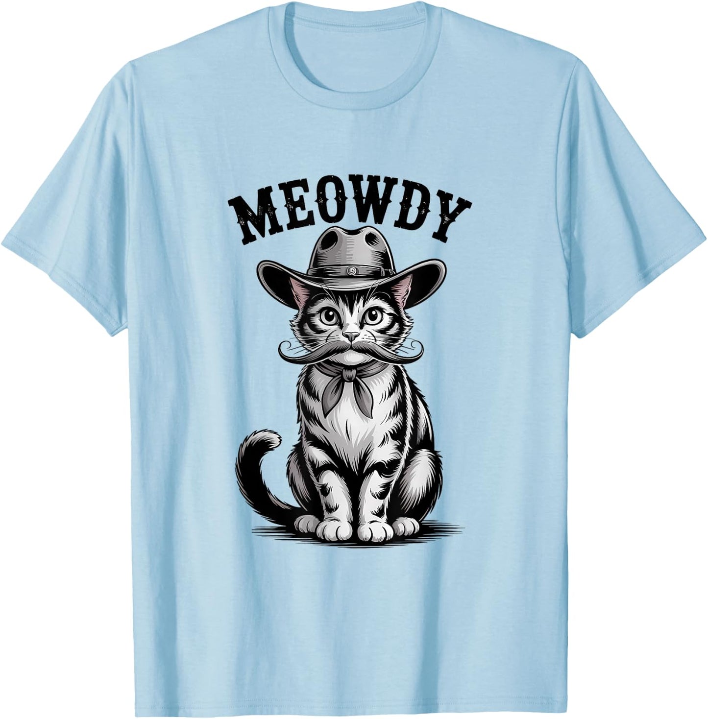 Meowdy Country Music Moustache Vintage Western Cowboy Cat T-Shirt - T-Shirt | Light Blue