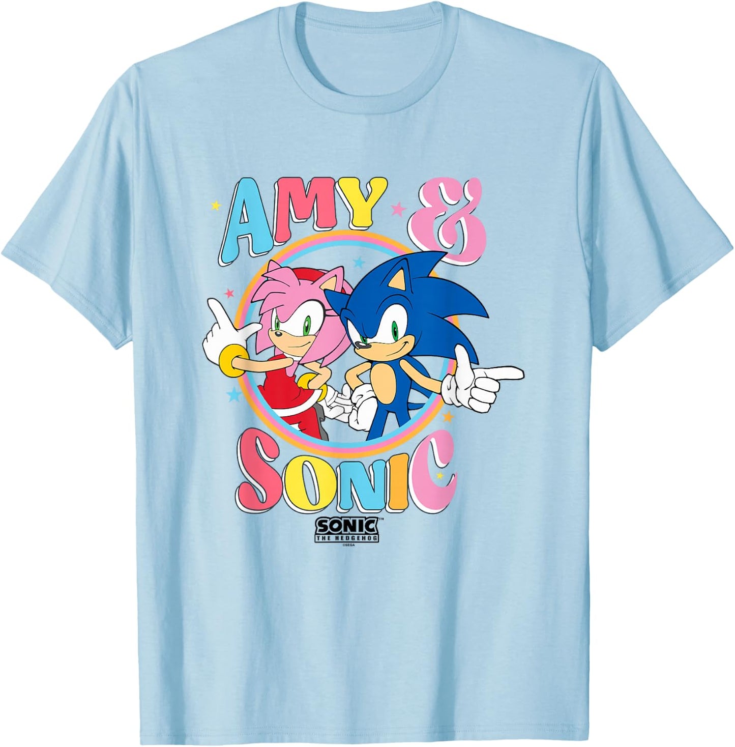 Sonic The Hedgehog Amy & Sonic Colorful Retro Portrait T-Shirt - T-Shirt | Light Blue