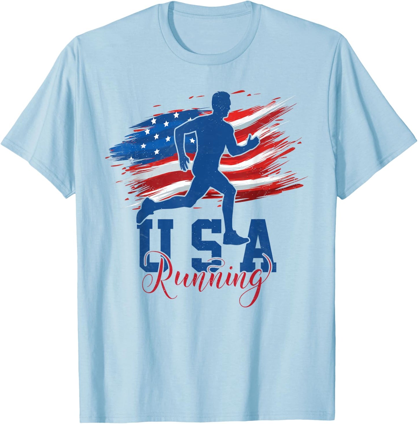 American Flag Running Runner 4th of July USA Support Team Kids Men T-Shirt - T-Shirt | Light Blue