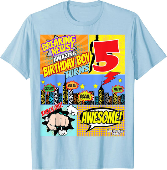 Birthday Boys Shirt Age 5 Superhero Comic Book Theme Party T-Shirt - T-Shirt | Light Blue