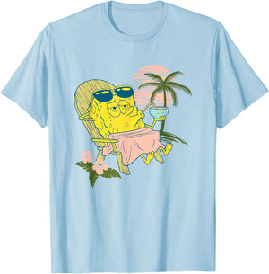 SpongeBob SquarePants Relaxing Having A Coconut At The Beach T-Shirt - T-Shirt | Light Blue