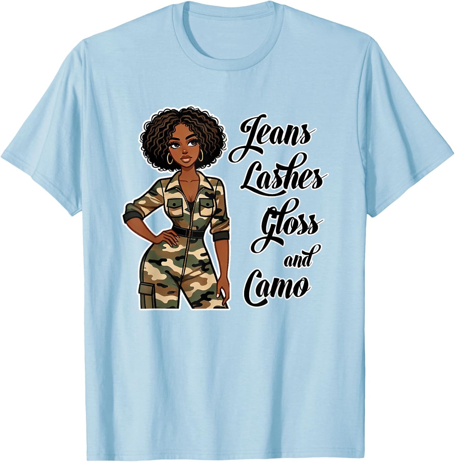 Jeans Lashes Gloss and Camo Black Woman Afro T-Shirt - T-Shirt | Light Blue