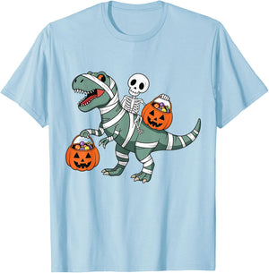 Skeleton Riding Mummy Dinosaur T rex Halloween Funny Pumpkin T-Shirt - T-Shirt | Light Blue