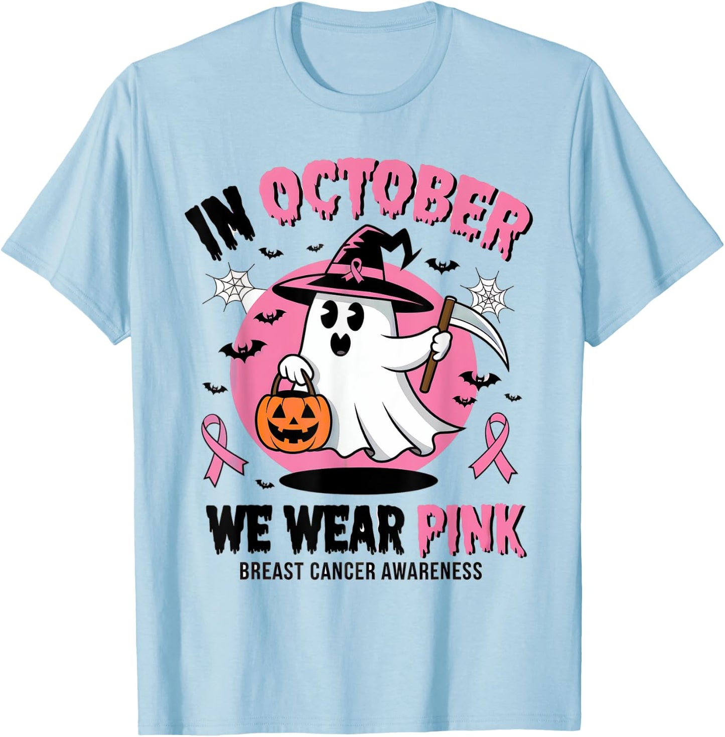 In October We Wear Pink Ghost Witch Breast Cancer Awareness T-Shirt - T-Shirt | Light Blue